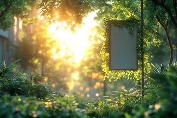 Serene Urban Scene Mockup with Blank Sign and Sunlit Lush Greenery Surrounding Vibrant Foliage


