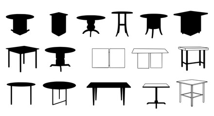 Table Silhouettes Collection: A diverse set of table silhouettes, showcasing various shapes, sizes, and styles of tables, perfect for design projects and presentations.