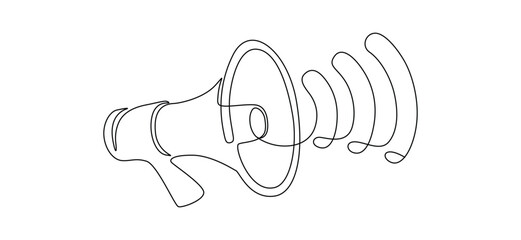 Fototapeta premium Loudspeaker in one continuous line drawing. Megaphone symbol of marketing promotion in simple linear style. Public horn speaker for attention and job offer. Monoline vector illustration