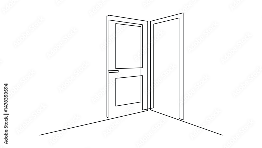 Aufkleber Opened door in one continuous line drawing. Front enter and exit to house in simple linear style. Future opportunity concept in editable stroke. Contour vector illustration