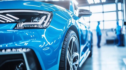 Close-up of a blue car headlight and wheel, showcasing automotive design and engineering