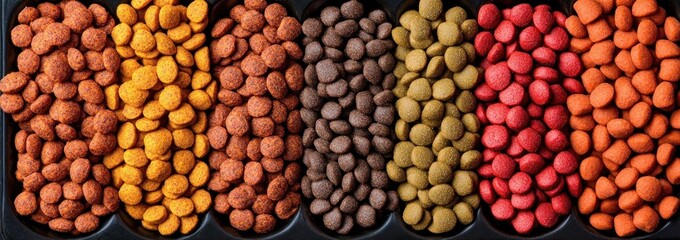 Fototapeta premium Close-up of multiple rows of colorful coated nuts or candies arranged in black tray compartments showing textures and vibrant colors