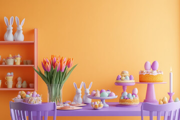 "Easter Celebration with Vibrant Orange and Purple Decor"