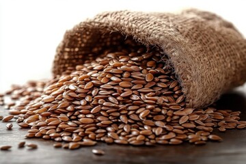 Obraz premium Close-up of a burlap sack spilling shiny brown flax seeds onto a wooden surface, showcasing natural texture and earthy tones