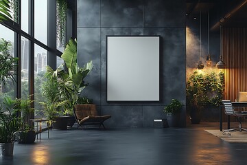 Modern Interior Mockup with Dark Wall Large Window Green Plants and Blank Framed Canvas

