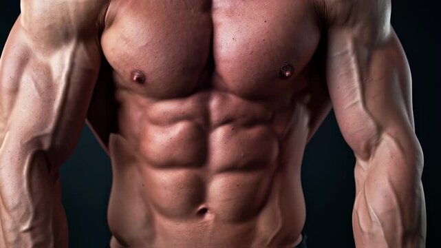 Zoom in shot close up of sixpack man
