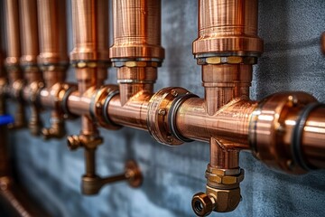 Close-up view of shiny copper plumbing pipes and fittings mounted on a wall showing intricate connections and valves with metal texture
