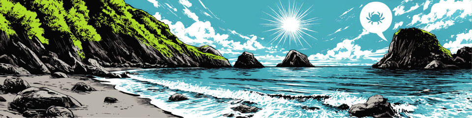 Stunning Vector Illustration of Sunny Beach Landscape with Ocean Waves Rocky Coastline Green Mountain Cliffs Bright Sky and Iconic Crab Speech Bubble Graphic Art Design