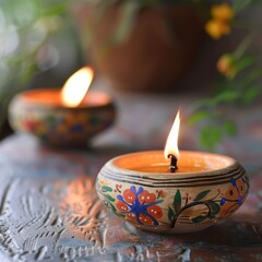 minimalist diwali oil lamps with floral motifs .