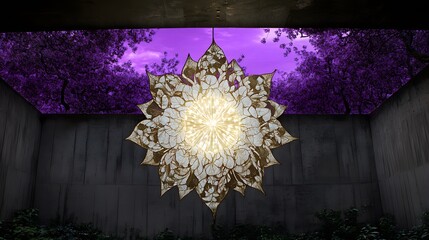 Intricate Golden Mandala Chandelier in Concrete Room with Purple Skylight