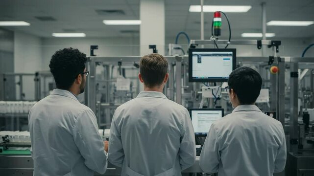 A group of three diverse young male scientists in lab coats collaborate in a modern laboratory setting, actively engaging with technology and machinery in a professional environment. - Powered by Adobe