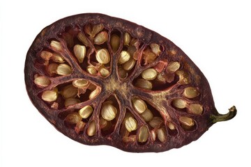 Dried pomegranate cross-section reveals intricate seed structure and deep jewel-toned colors.