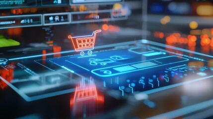 Digital shopping cart animation e-commerce virtual environment graphic visualization futuristic technology perspective