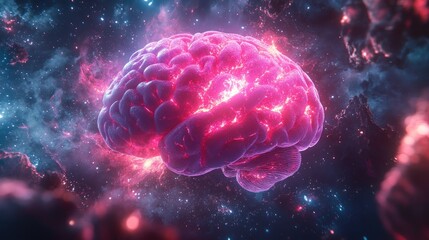 Obraz premium A vibrant, glowing brain in a cosmic nebula