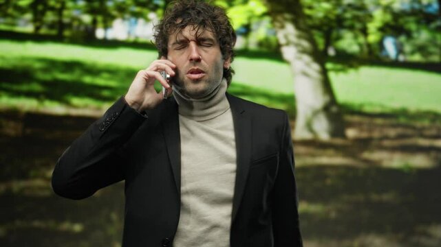Young man in a park with a worried expression on his face, talking on a mobile phone while wearing a black jacket, surrounded by nature on a sunny day.