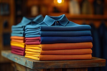 Neatly folded colorful polo shirts stacked on a wooden table in a store with warm lighting, showcasing organized clothing display