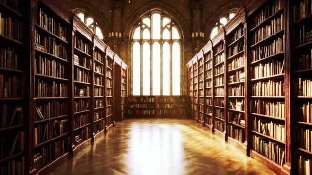 A magnificent library with books neatly arranged on shelves. Open the book page by page. Generative AI.