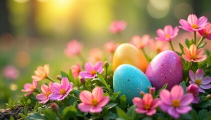 Colorful Easter eggs nestled in a bed of spring flowers, radiating joy , nature, botany