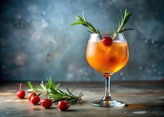 Fototapeta premium Minimalist Orange Cocktail Photography: Rosemary, Cherry, Glass