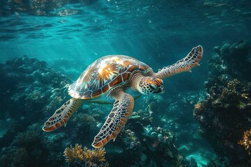 Obraz premium Colorful sea turtle swimming peacefully over vibrant coral reef in clear blue ocean water