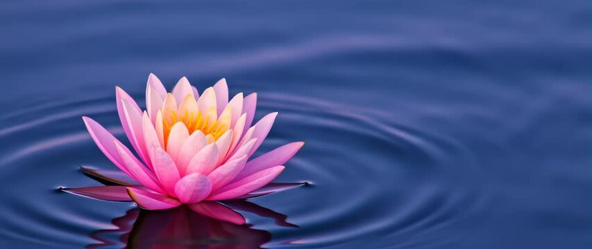 Anamorphic video A shimmering pink lotus flower with delicate petals, floating relaxed in a calming scene of deep azure water at dusk