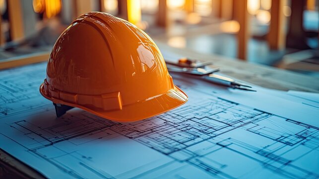 Construction blueprint with safety helmet and tools for building projects and worksite planning.