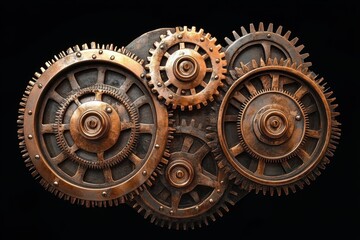 Close-up of interconnected rusty metallic gears with intricate teeth and bolts on a dark background conveying industrial complexity and mechanical precision