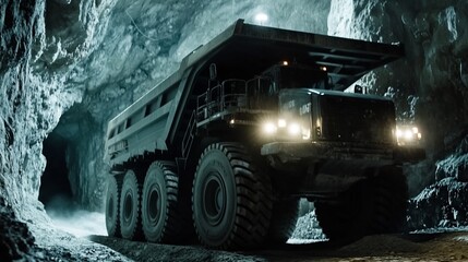A Heavy Mining Truck Ascends from an Underground Mine Shaft