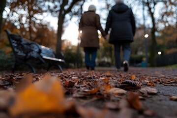 Fototapeta premium Autumnal twilight stroll: Senior couple embracing longevity in tranquil parkland