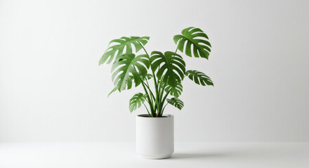 Fototapeta premium Minimal monstera plant in white ceramic pot against plain wall, white background
