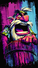 Obraz premium Colorful Vibrant Vector Illustration of Cartoon Pirate with Wooden Barrel in Bold Pink Blue and Purple Tones Expressive Character Art Design for Gaming Posters and Prints