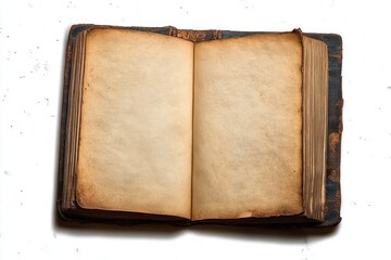 Open old book with blank, yellowed, and weathered pages showing signs of age and use against a white background