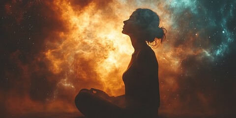 Silhouette of a person meditating in cosmic background