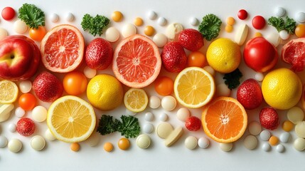 Colorful fruits and assorted pills on a white surface.  Fresh citrus fruits, berries, and apples are displayed alongside various colored pills