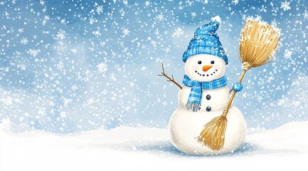 Cute Snowman With Broom In Winter Snowflakes
