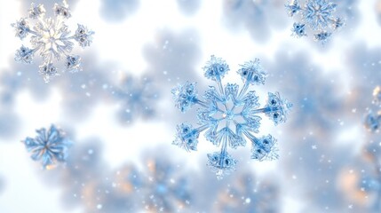 Close-up view of intricate blue snowflakes floating gently against a soft white and light blue blurred background evoking cold and winter tranquility