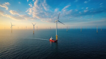 Vast offshore wind farm with multiple wind turbines spread across calm ocean waters under a partly cloudy sky during sunrise or sunset, a red service vessel near one turbine
