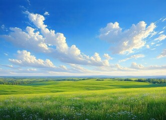 Fototapeta premium Wide green meadow with wildflowers under a bright blue sky filled with scattered fluffy white clouds on a sunny day