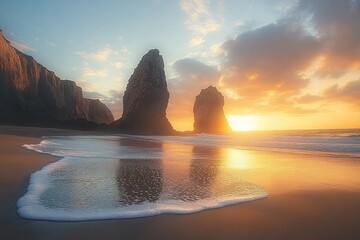Golden sunset over serene beach with towering sea stacks and gentle waves washing onto smooth sand under partly cloudy sky
