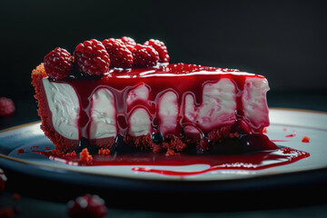 Slice of creamy cheesecake with raspberry topping dripping onto a plate