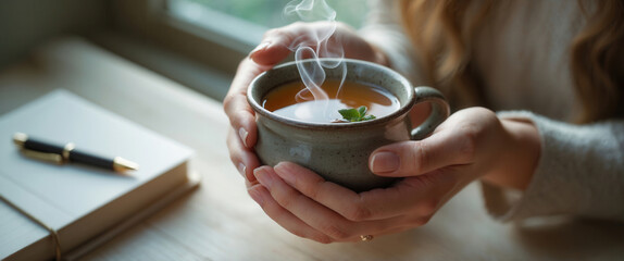 Woman holding a steaming cup of tea with mint leaves near a window and a notebook on a wooden table