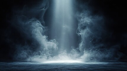 Mysterious dark space illuminated by a single vertical beam of light with swirling fog and smoke creating an eerie atmosphere