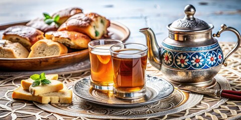 Moroccan Mint Tea Closeup, Traditional Cafe, Bread, Delicious Drink, Authentic Moroccan Cuisine, Sweet Tea, Coffee Shop, North African Tea