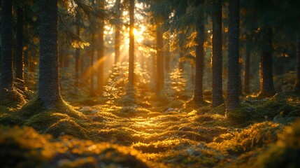 Obraz premium Golden sunlight streams through a dense forest, illuminating mossy ground. Sunlight filters through tall trees, casting a warm glow on the forest floor covered in moss
