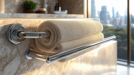 Beige rolled towel neatly placed on shiny chrome towel rack in a modern bathroom with marble walls and a cityscape visible through the window