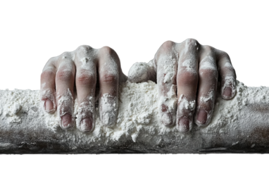 Detailed view of a gymnast's chalk-covered hands gripping a bar, highlighting their determination isolated on white background PNG