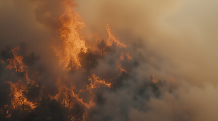 Drone Aerial Close-up Shot of Intense Wildfire Flames, Burning Forest, Heat Haze