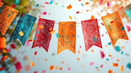 Colorful decorative triangular and rectangular flags with intricate floral patterns hanging on a string surrounded by festive confetti in vibrant orange, red, and blue hues