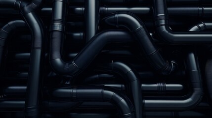 Complex network of interconnected black pipes and industrial infrastructure