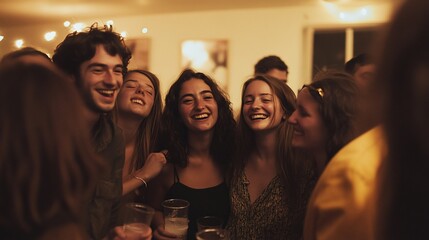 Joyful gathering of friends sharing laughter and camaraderie at an indoor party